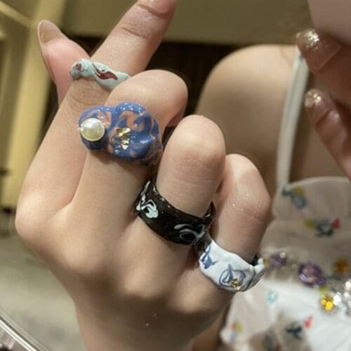 New Fashion Flower Colorful Dripping Oil Rings For Women Pearl Hand-painted Vintage Open Rings 2021 Trend Womens Party Jewelry