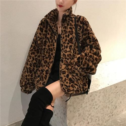 Winter Leopard Print Jacket Womens Stand collar Warm Parkas Outwear 2021 New Autumn Winter Korean Female Loose Faux Fur Coats