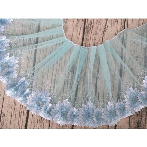 1Yard Handmade Light Grey Green Flowers Embroidery Lace Trim Mesh Wedding Hair Bow Clothes DIY Craft Fabric Sewing 18cm Width