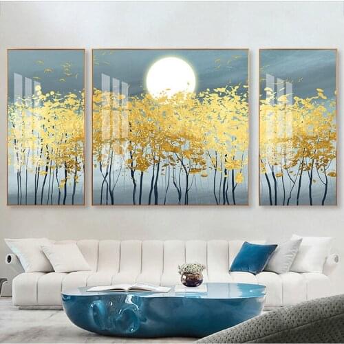 3 Panels Nordic Golden Forest Poster Abstract Canvas Painting Tree Moon Wall Pictures for Living Room Home Decoration Cuadros