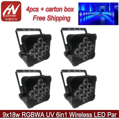 4pcs 9*18W RGBWA+UV Flat Wireless DMX IR Battery Powered 6 in 1 Led Par64 Uplights DJ Stage Lighting