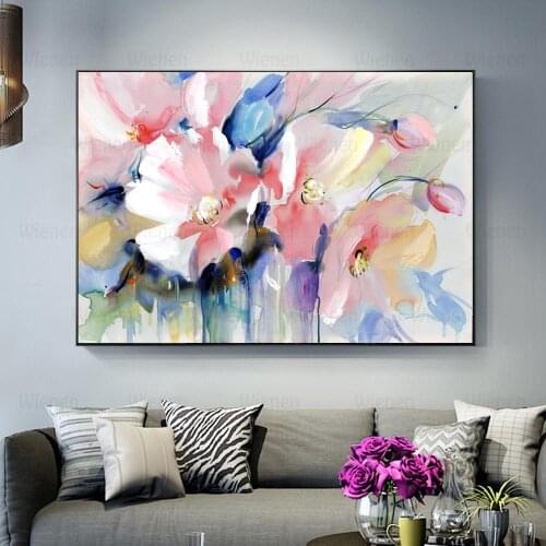 Modern Abstract Watercolor Flower Oil Painting On Canvas Wall Art Floral Poster Picture for Living Room Home Decor