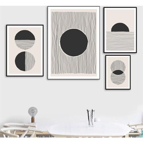 Beige Black Abstract Sun Canvas Painting Minimalist Geometry Prints Circle Line Wall Art Poster Pictures Living Room Home Decor