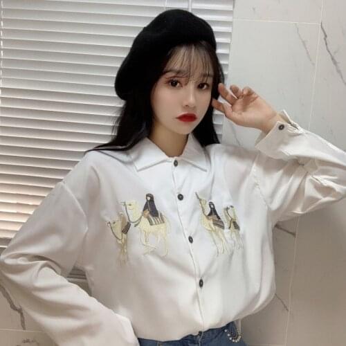 White shirt womens design sense minority spring clothes 2020 Korean version versatile loose embroidery Top Long Sleeve Shirt