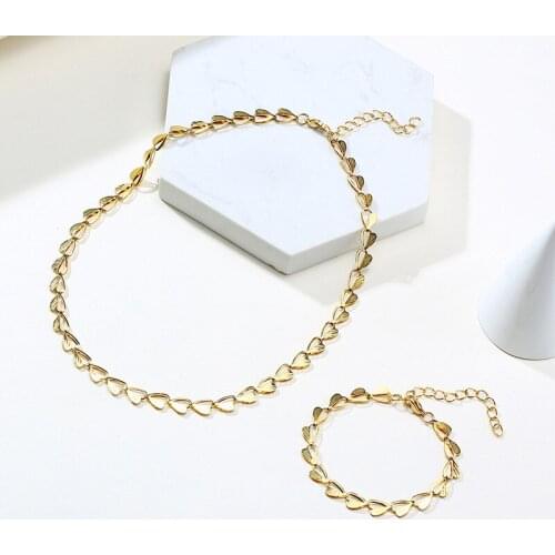 Heart Chain Necklace Set Women Jewelry New Trendy Gold Color Stainless Steel Leaf Chain Bracelets Necklaces