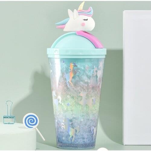 Rainbow Unicorn Water Cup Cute Creative Summer Crushed Ice Cup Double Refrigeration Colorful Plastic Straw Mugs Drinking Gifts