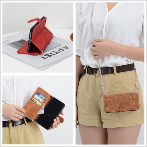 Backpack Phone Case For Galaxy Note S8/9/10 S20 S21 Plus Ultra A51 Ethnic Crossbody Wallet Card Flip Case with Long Metal Chain