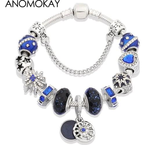 Classic Trendy Star Moon Charm Bracelet Dark Blue Crystal Enamel Bead Bracelet & Bangle DIY Jewelry Bracelet Gift for Men Child
