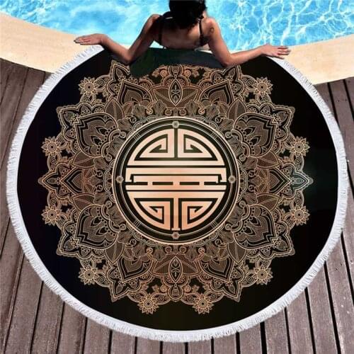 Microfiber Beach Towel Round 150cm Chinese Blessing Tapestry Blue Soft Bath Towel for Adults Picnic Yoga Mats Home Decor
