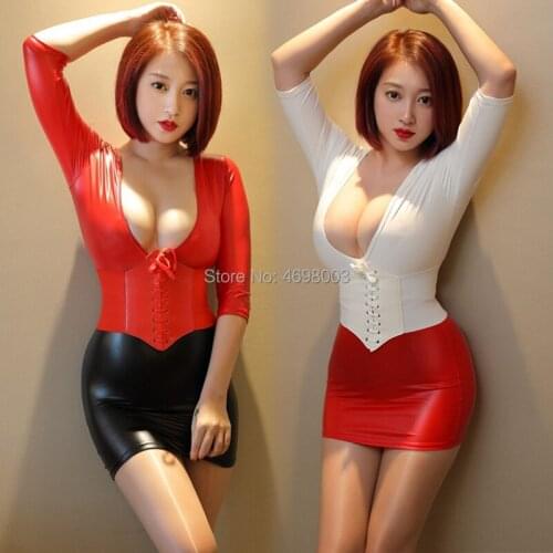 Sexy PU Patent Leather Patchwork Deep V Skinny Mini Dress with Waistband Open Chest Nightclub Shapewear Fashion Erotic Dress