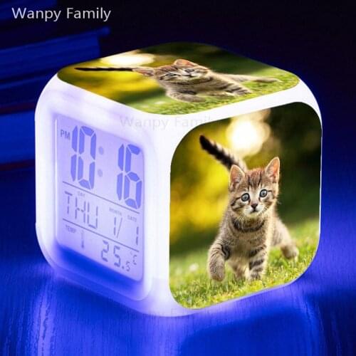 Cute kitten Pet cat Alarm Clock 7 Color Glowing LED Digital Alarm Clock For Kids Gift Multifunction Electronic Luminous Clock