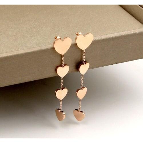 Fashion Rose Gold Color Stainless Steel Love String Heart Chain Dangle Drop Earrings Women Party Christmas Gift