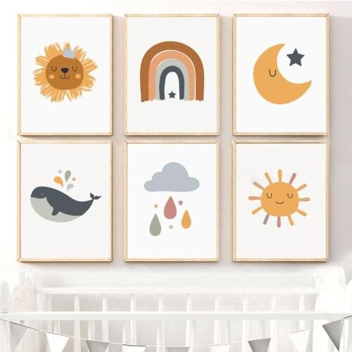 Cartoon Animal Sun Stars Posters and Prints Moon Rainbow Canvas painting Prints Kids Room Wall Art Picture Childrens Room decor