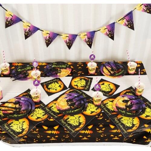 Halloween Castle Pattern Disposable Paper Plates Cups Tableware Set Bar Home Dinnerware Cutlery Plates Kids Favor Supplies