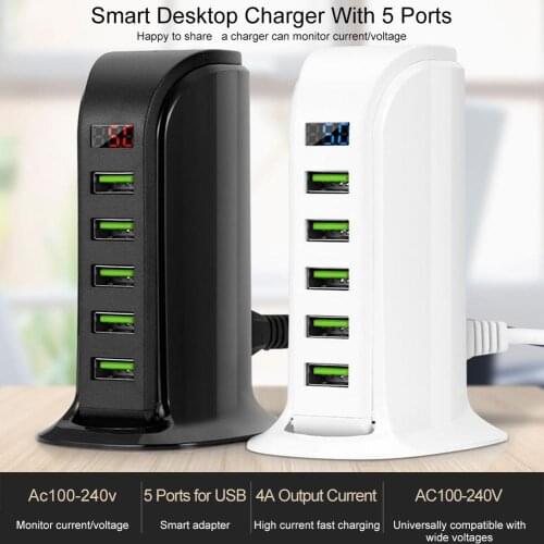 New Smart 5-port USB Fast Charge Digital Display Chinese EU US Plug Travel Charger For Mobile Phone 5V 4A