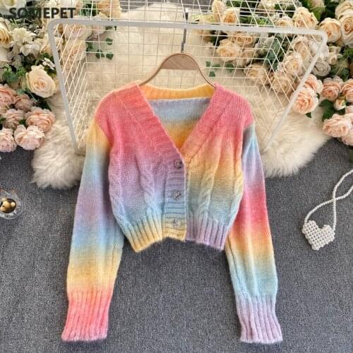 Autumn Winter New Korean Gentle Wind Jacket Women Short All-match Rainbow Striped Knitted Cardigan Sweater