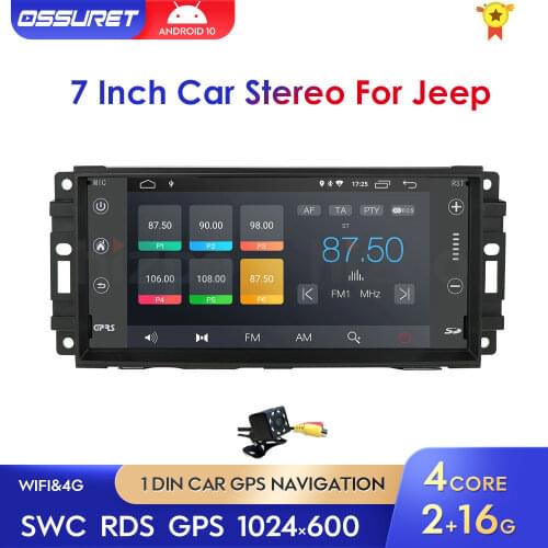 Ossuret Android 10 Car Stereo 2G+16G for Dodge Ram Challenger Jeep Wrangler JK Head Unit 1DIN GPS Navigation 4G WIFI BT CAM SWC