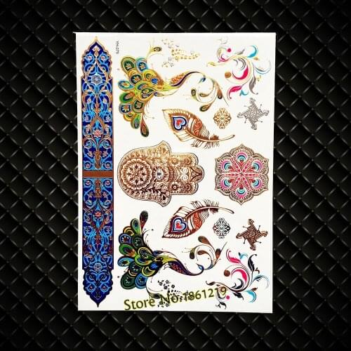 Large Size Hamsa Hands Henna Fake Flash Metallic Waterproof Temporary Tattoo Peacock Feather Henna Sunflower Tattoos Makeup 075