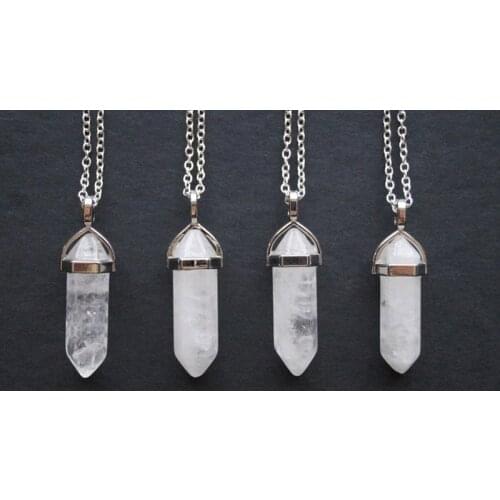 Silver Plated Natural Quartz Crystal Hexagonal Chakra Healing Point Pendulum Stone Pendant Necklace Polished Stone Jewelry Gifts