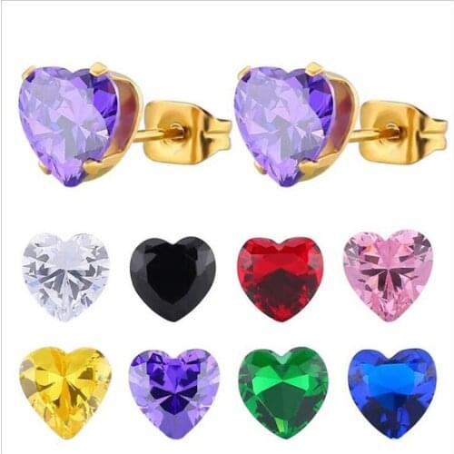 Pe100 316L Stainless Steel Vacuum Plating Size 7mm Heart Shape Colorful AAA Zircon Stud Earrings For Men and Women