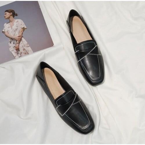 Loafers Womens Flat-bottom Square-toe Soft-soled Black Small Leather Shoes Working Soft Leather Single Shoes