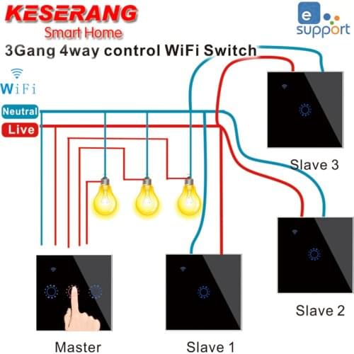 Tuya/EweLink APP WiFi Smart Switches EU/US 3 Gang 4 Way Glass Wall Touch Switches 2000W 95-250V AC Support Alexa Google Home