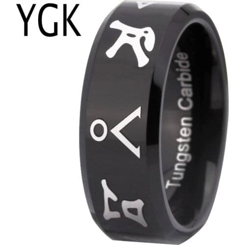 YGK Brand Jewelry Hot Sales 8MM Shiny Black Bevel Stargate Design Mens Fashion Tungsten Wedding Ring for Women and Men