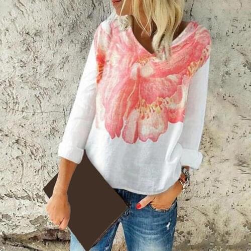 Summer Blouse Women Casual Long Sleeved V Neck Floral Print Fashion Female Blouse Shirt Soft Texture Loose Lady Shirt Blouse
