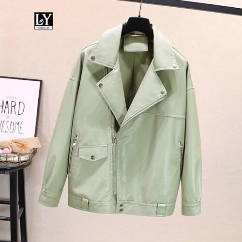 Ly Varey Lin Autumn Women Faux Soft Leather Pu Jacket Loose Black Punk Coat Turndown Collar Moto Biker Rivet Zipper Outerwear