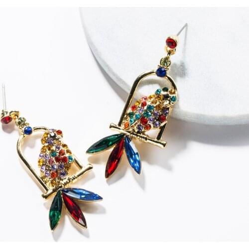 Jouval Vintage Luxury Crystal Bird Parrot Drop Earrings For Women Girl Maxi Cute Statement Dangle Brincos Female Fashion Jewelry