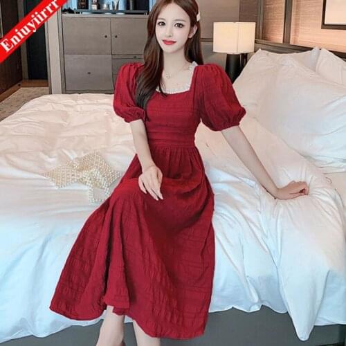 Vintage Puff Sleeve Fit And Flare Maxi Dress Women Red Purple Square Collar High Waist A line Long Dress