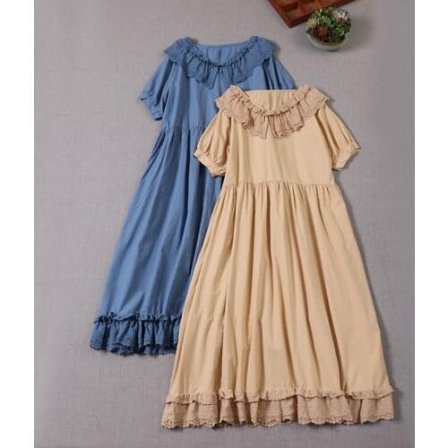 New Summer Women Literary Retro Lace Ruffle Collar Dress Japan Style Mori Girl Loose Short Sleeve Dresses