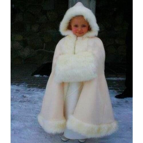 Winter Wedding Flower Girl Cloak Faux Fur Trim Little Girls Jacket Cape Hooded Cloak