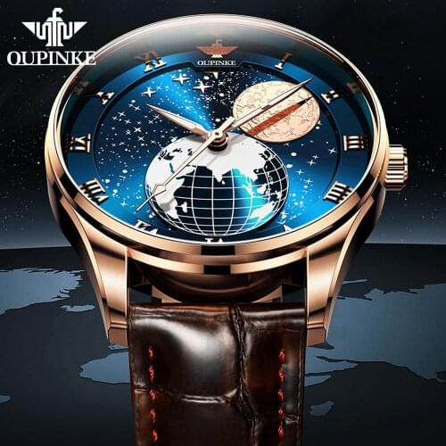 2021 Pilot Mechanical Mens Moon Phase Mechanical Watch OUPINKE Luxury Waterproof Leather Wristwatch Sapphire Watch Reloj Hombre