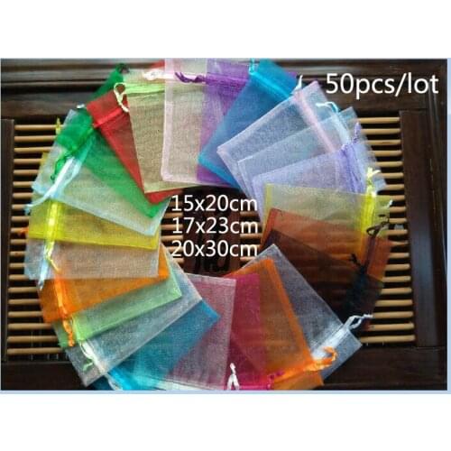 50pcs/lot 15x20 17x23 20x30cm Organza Bags Pouches drawstring gift bag for wedding decoration jewelry Packaging Display Pouches