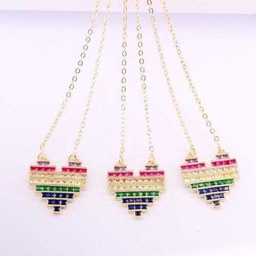 6PCS, Fashion Pendant Heart Shaped Charm Elegant Pendant Gold Filled Rainbow CZ Micro Pave Colorful Zirconia Necklaces