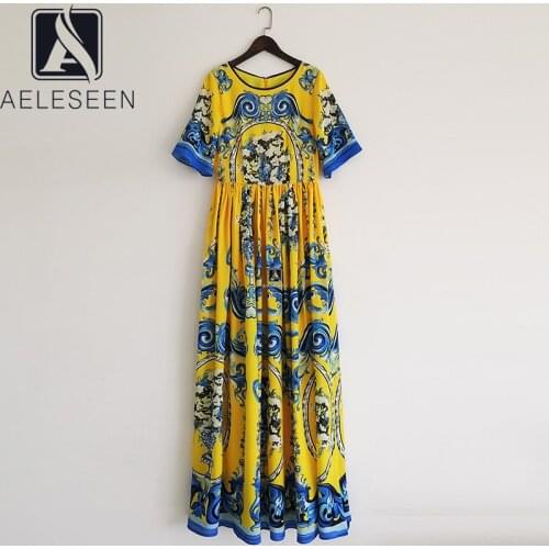 AELESEEN Runway Fashion Maxi Yellow Dress 2021 Summer New Designer Flare Sleeve Porcelain Print Elegant Party Holiday Dress