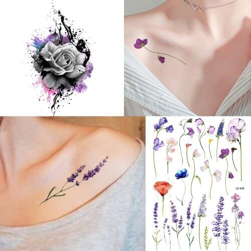 GoldOcean Watercolor Gadgets Floral Rose Tattoos Stickers Fake Arm Chest Women Girls Sexy Reed Root Tattoo Temporary Neck Tatoos
