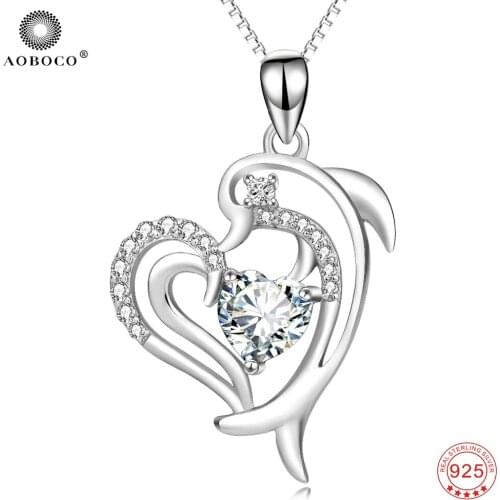 AOBOCO 925 Sterling Silver Dolphin AAA Cubic Zirconia Crystal Pendant Necklace Fine Jewelry Women Fashion Gift For Her PYX0112
