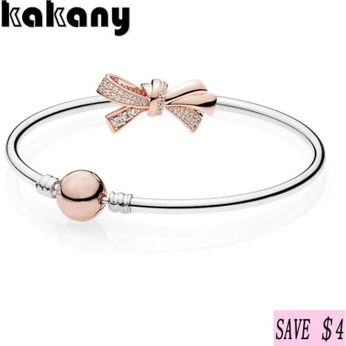 925 Sterling Silver Rose Brilliant Bow Bangle Gift Set Mothers Day Gift Original High Quality European Fashion Jewelry