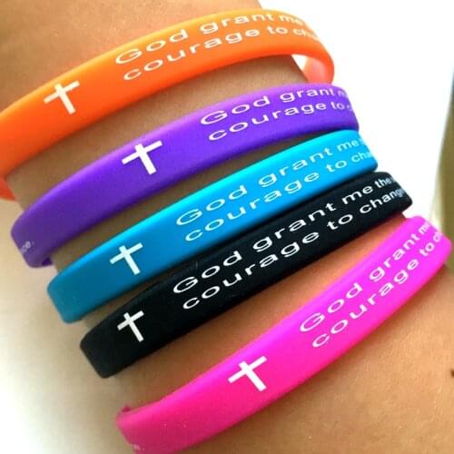 24pcs Mix Girls Kids Women 7mm Wide Serenity Prayer Bible Silicone Bracelets Wristbands Wholesale Jesus Jewelry Lots