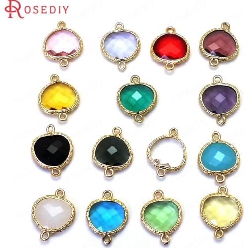 C584)10 pieces 20x16mm 24K Champagne Gold Color Brass + Glass 2 Holes Apple Shape Connect Charms Pendants Findings Accessories