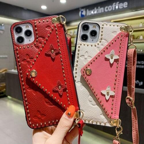 PINZHENG Leather Phone Case For iPhone 7 8 Plus X XR XS 11 12 Pro Max 12mini Cases Soft Strap Card Phone Protective Back Cover