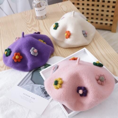 Children-Parents Iridescence Floral Beret Autumn Winter Warm Girl Pure Cute INS Style Handmade High Quality Painter Beret Caps
