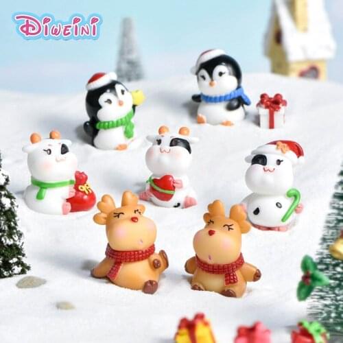 New Christmas Cow Deer Cat Dog Penguin Cartoon Animal Figurine Model Birthday Cake Action Figure Resin Decoration Toy Doll House