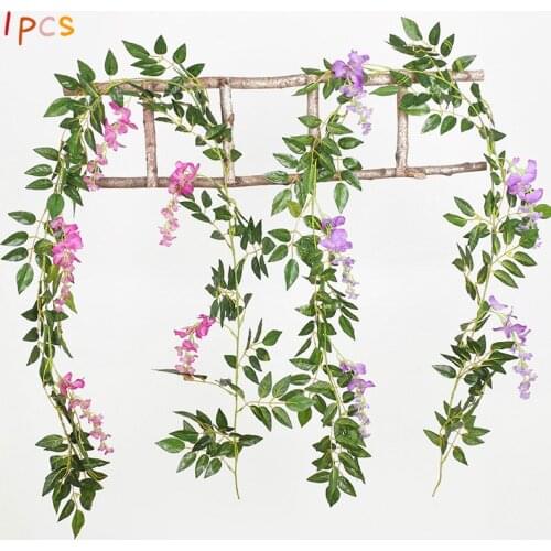 Wisteria Artificial Flower Vine Wreath Wedding Arch Decoration Fake Plant Leaf Rattan Trailing Fake Flower Ivy Wall