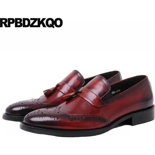 Wingtip Italy Loafers Italian Brogue Pointed Toe High Quality Real Leather Tassel Handmade Burgundy Prom Genuine Men Dress Shoes