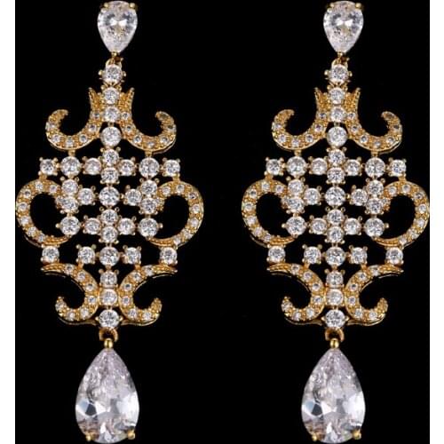 Classic Luxury Big Large Drop Crystal with Tiny CZ Drop Earrings Sparking Gold color Lacework Earrrings For women Gifts E-109