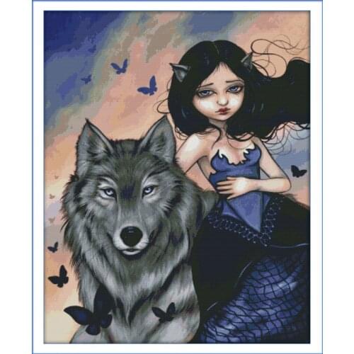 Joy Sunday Wolf and Girl Beautiful Cross Stitch Pattern Free Counted or Printed Cross Stitch Chinese Embroidery Kit Cross-stitch