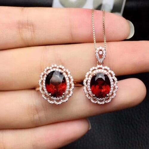 Natural red garnet gem ring Pendant Natural Gemstone Jewelry Set 925 Silver Luxurious round Sun flower Women party gift jewelry